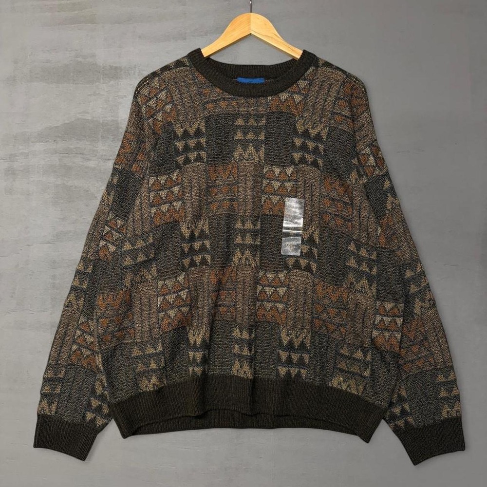 NEW Towncraft Retro Sweater Brown Geometric Intarsia Knit Chunky Crewneck XXL